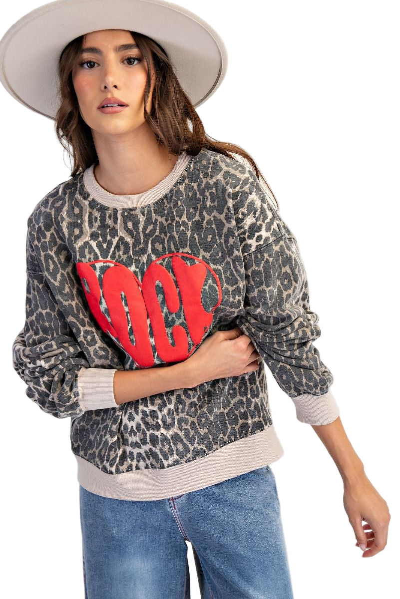 ANIMAL PRINT ROCK HEART WASHED TERRY PULLOVER