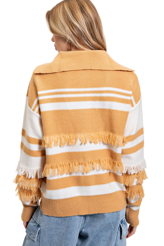 Camel Fringe Detail Button-Front Sweater