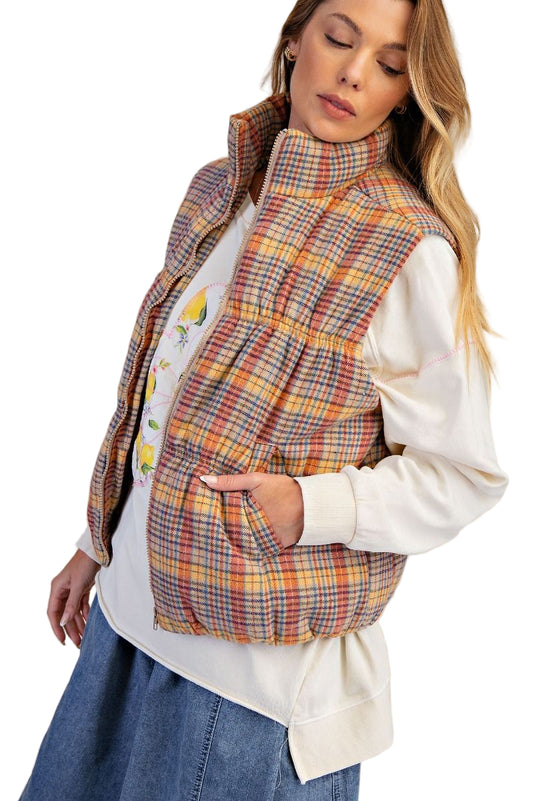 PLAID PATTERN QUILTED VEST