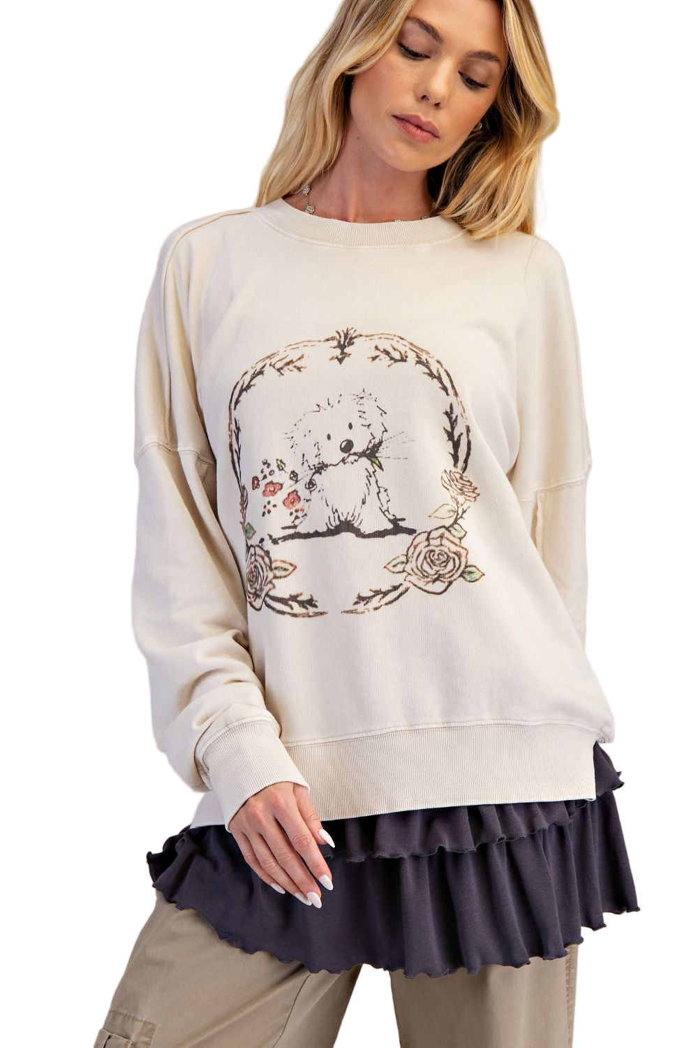 PUPPY GRAPHIC WASHED TERRY PULLOVER