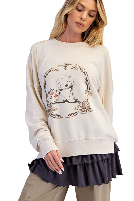 PUPPY GRAPHIC WASHED TERRY PULLOVER
