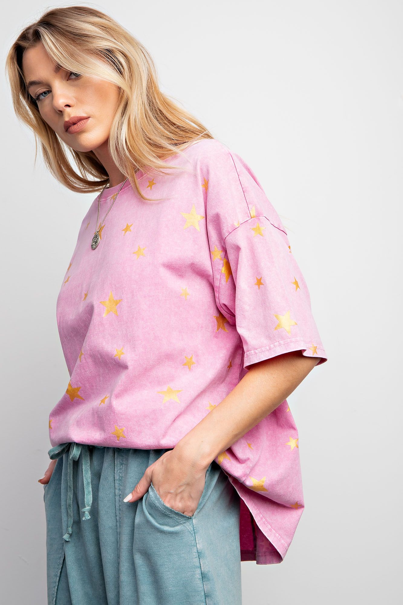Gold Star Print Washed Cotton Knit Top - Barbie Pink
