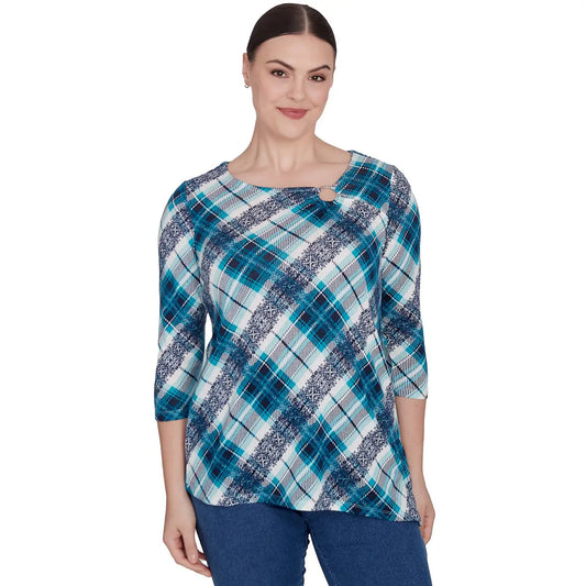 Women's Ring Neck Plaid Hatchi Knit Top