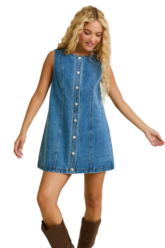 SLEEVELESS ROUND NECK BUTTON DOWN DENIM MINI DRESS