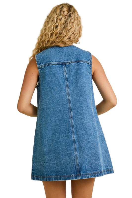 SLEEVELESS ROUND NECK BUTTON DOWN DENIM MINI DRESS