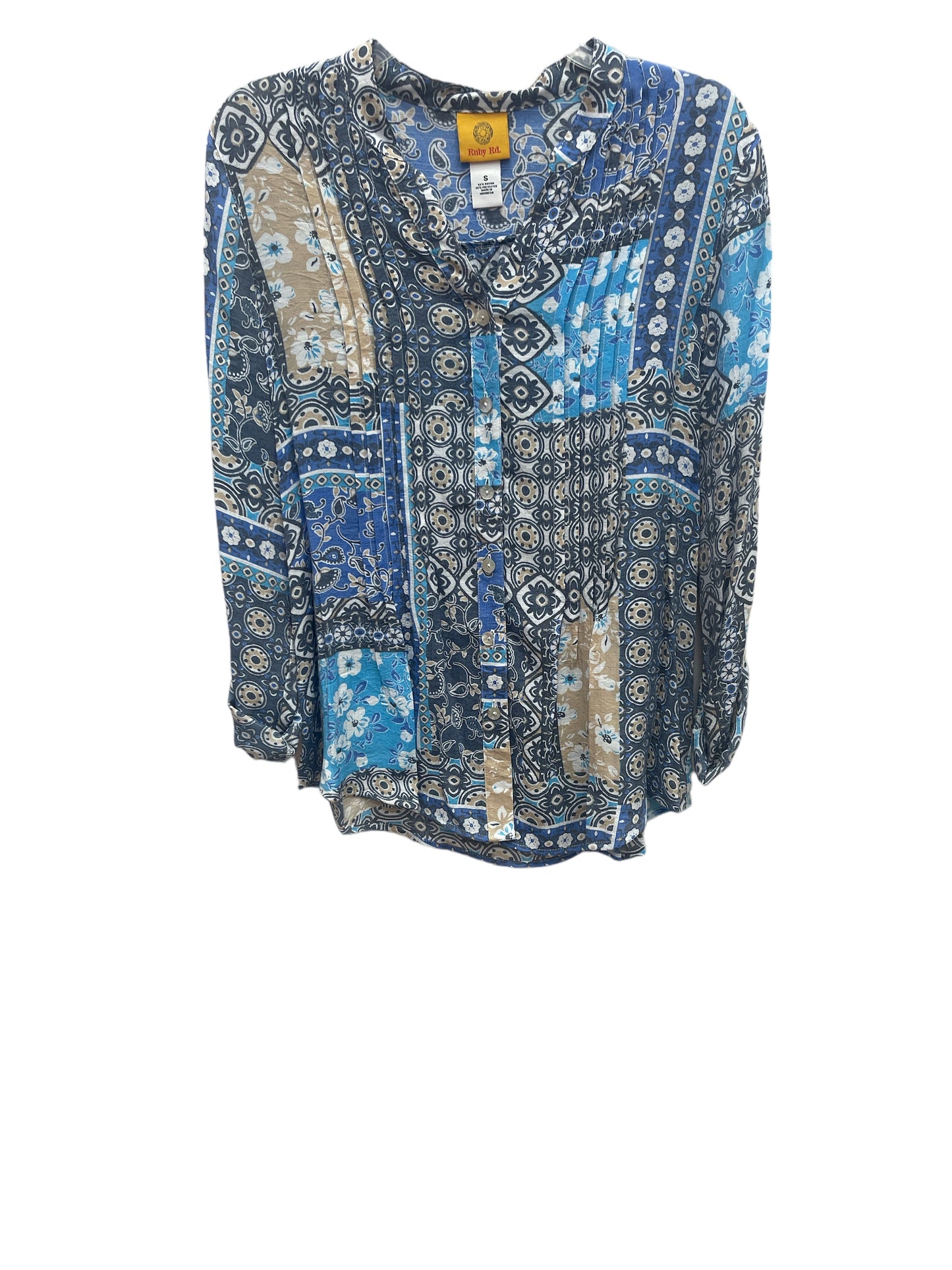 Ruby RD Women's Woven Button Front Patchwork Print Top