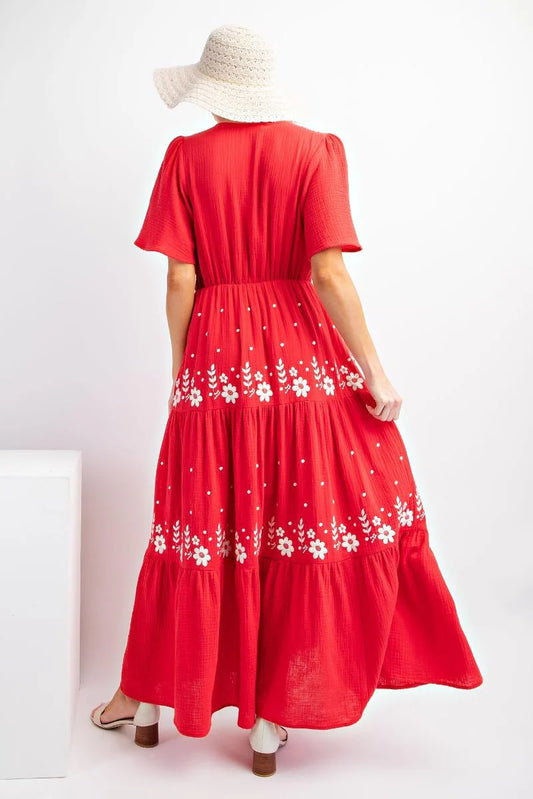 Embroidered Cotton Gauze Tiered Maxi Dress