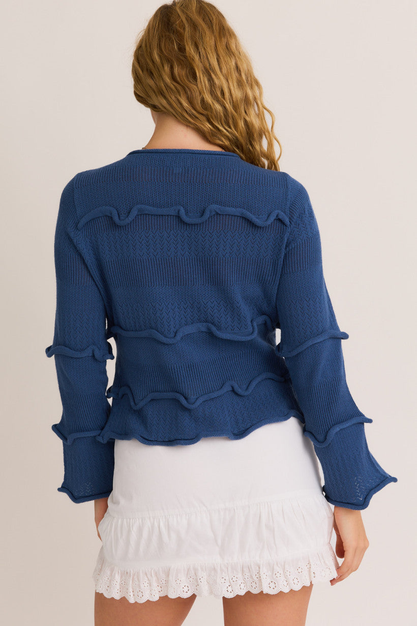 LONG SLEEVE ROUND NECK RUFFLE TRIMMING DETAIL OPEN SWEATER