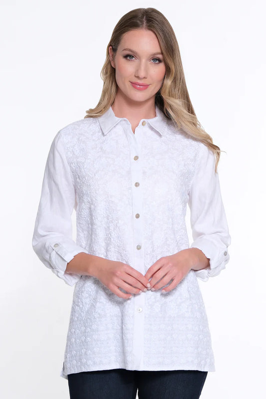 Embroidered Button Front Blouse- White