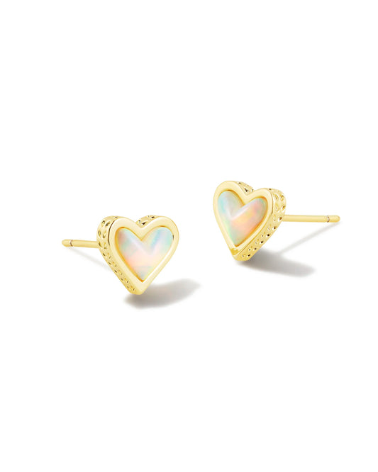 Framed Ari Heart Gold Stud Earrings - White Opalescent Resin
