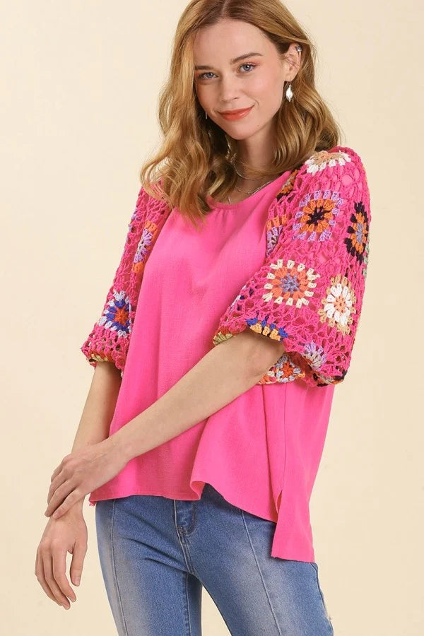 Umgee Colorful Square Crochet Top with 3/4 Puff Sleeves in Bubblegum Pink