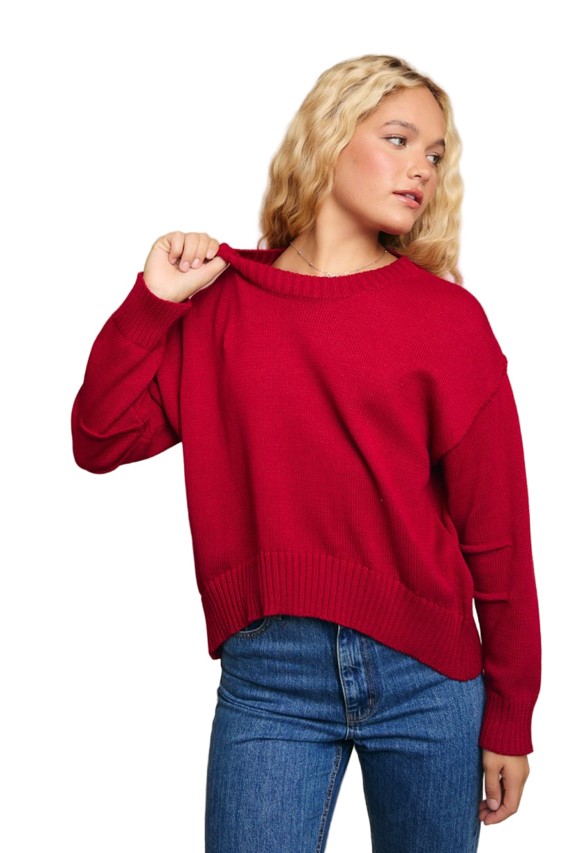 ROUND NECKLINE SWEATER TOP WITH PLEATED SLEEVE