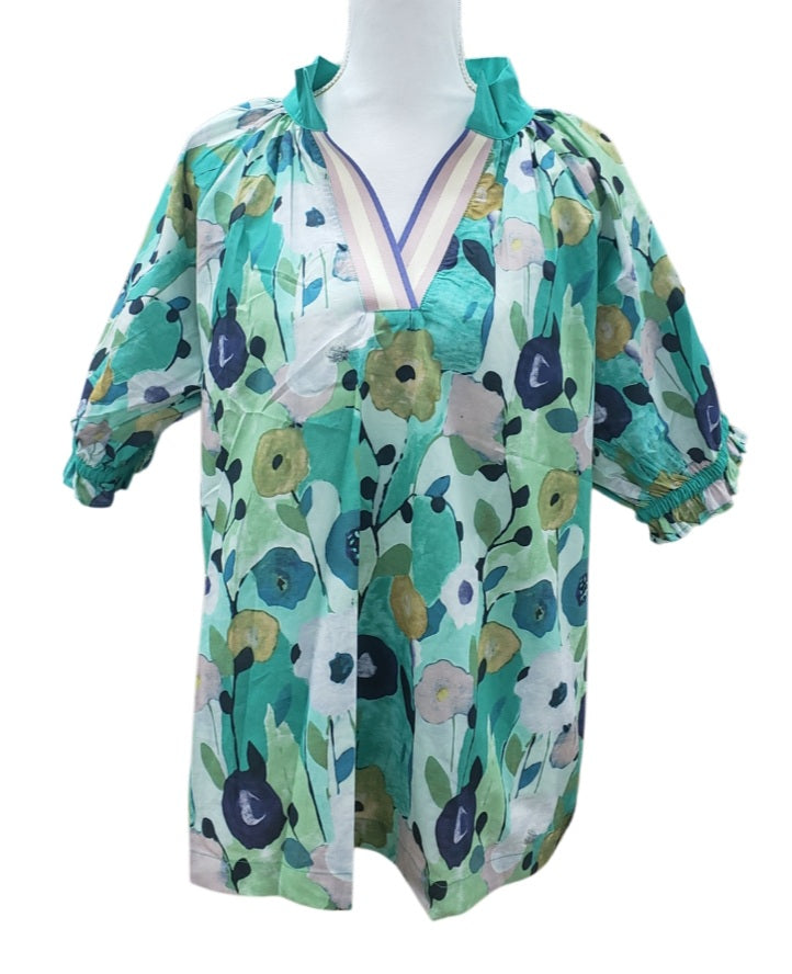 Floral Print Split Neck Puff Sleeve Top