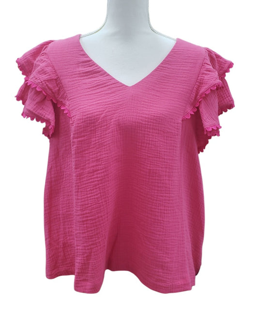 Pom Pom Trim Ruffle Sleeve Top