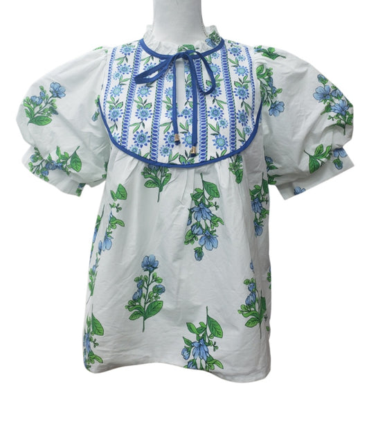 Floral print cuff band short bubble sleeve pullover top