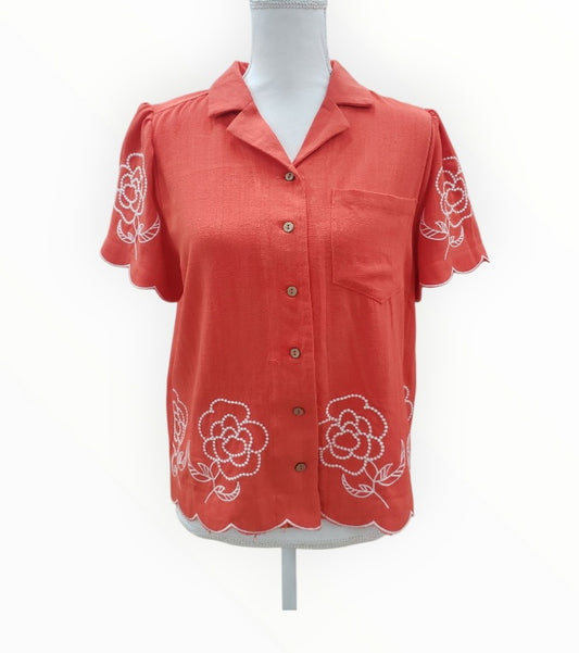 Linen Floral Embroidered Button-Up Top