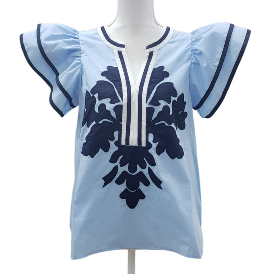 Solid flutter sleeve mutlicolor accent V-neck top