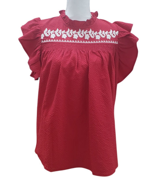 Embroidered Flutter Sleeve Textured Top