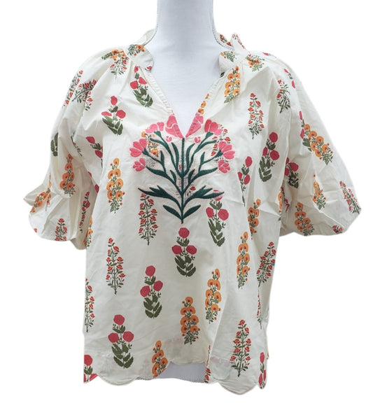 Puff Sleeve Floral Blouse with Scallop Hem