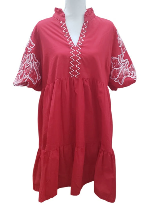 Embroidered Puff Sleeve Tiered Mini Dress