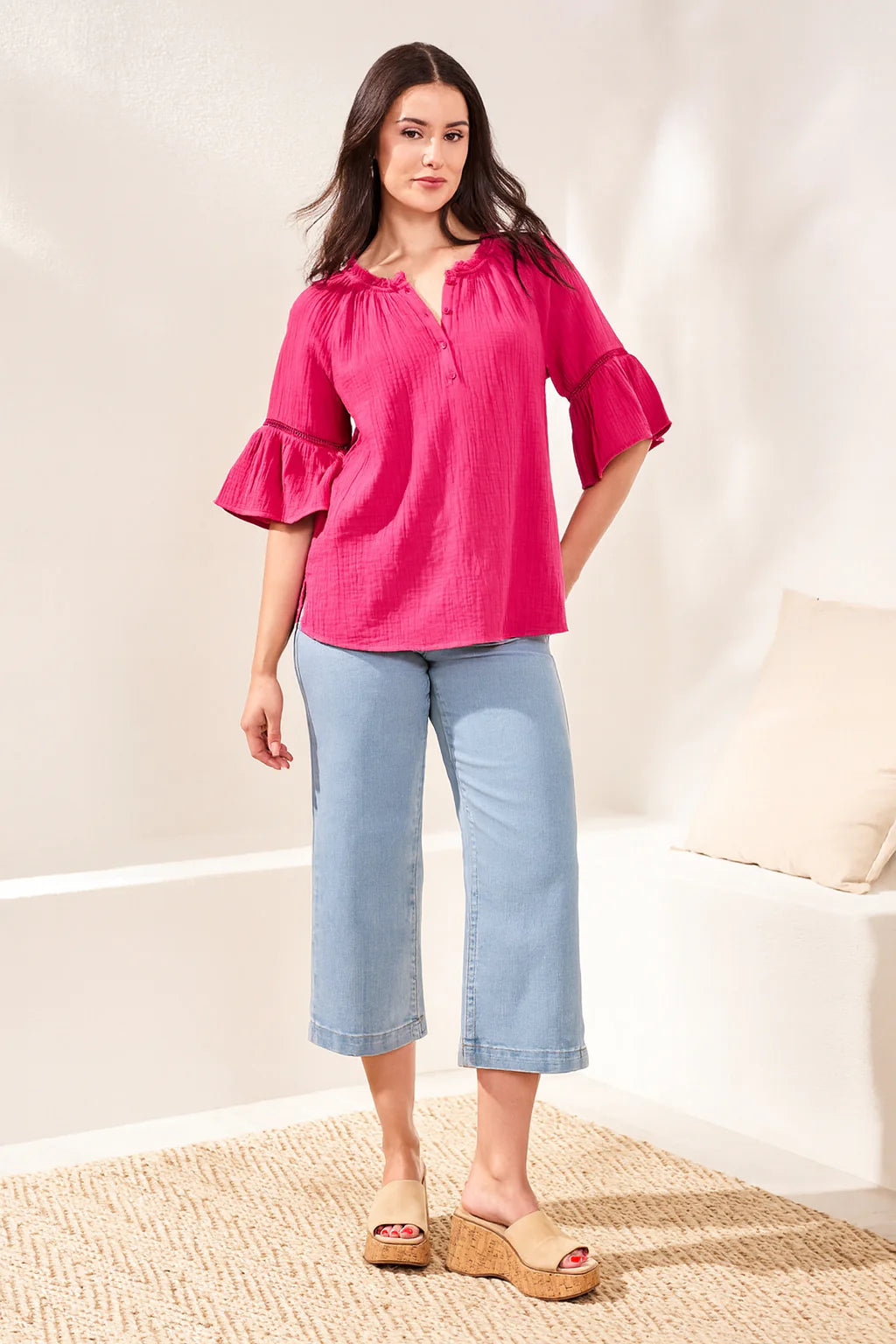 Crinkle Gauze Split-Neck Button-Front Bell Sleeve Blouse ~ 6059O-4555-2531