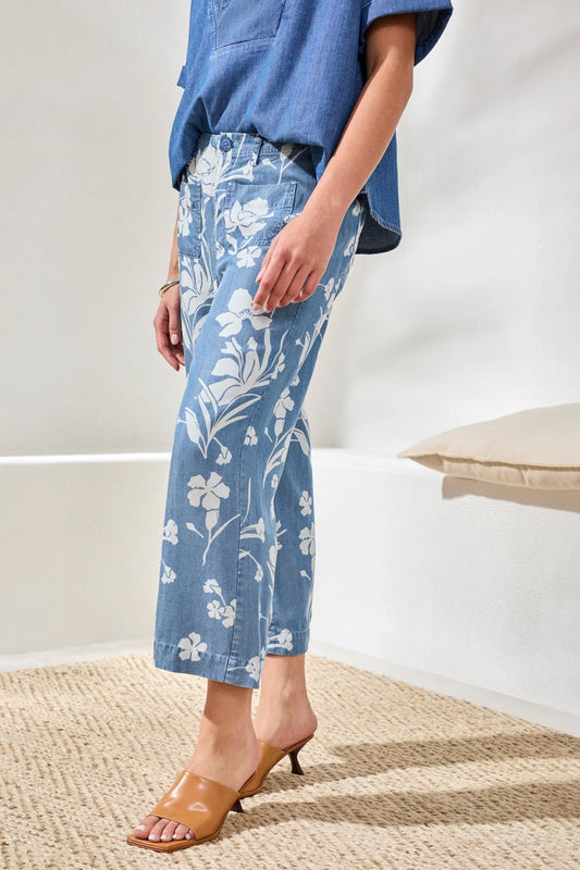Drape Denim Printed Wide Leg Button At Waist Pants ~ 6142O-4954P-2991