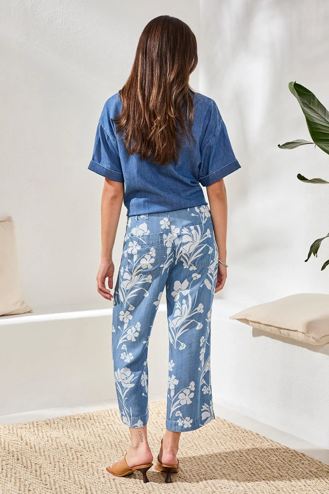 Drape Denim Printed Wide Leg Button At Waist Pants ~ 6142O-4954P-2991