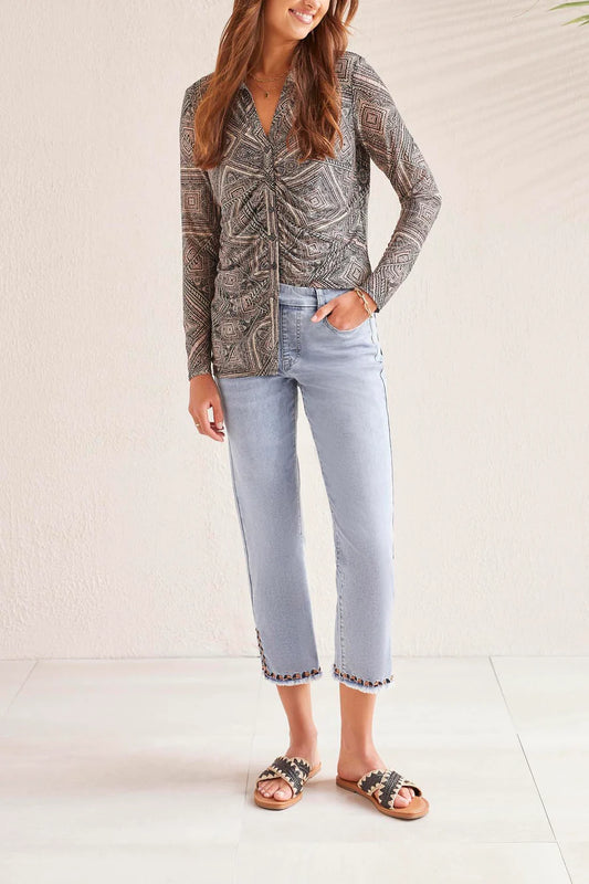 Tribal Light Breeze Blue Pull-On Jeans with Side Slits