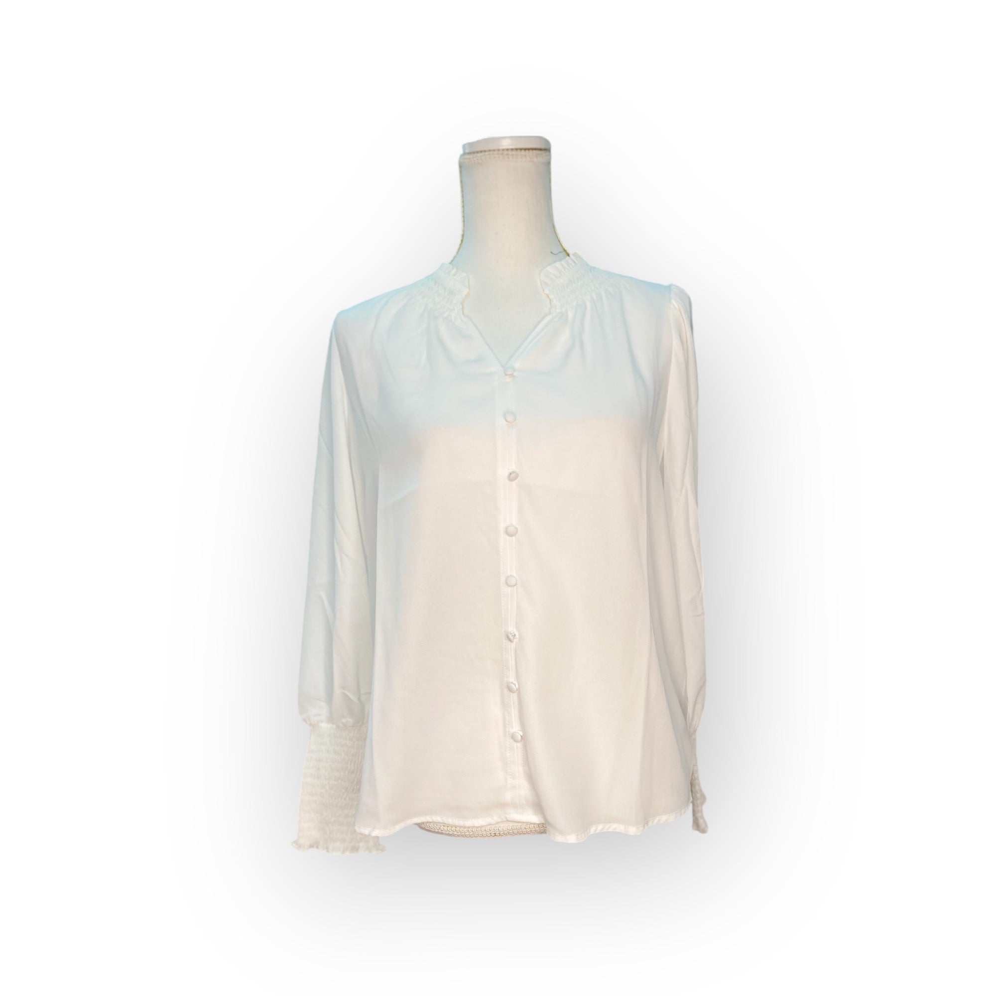 WHITE SCRUNCH BUTTON UP – Ima's Fashions Inc.