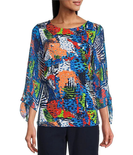 Patchwork Tropical Print Round Neck 3/4 Tie Sleeve Shaped Hem Mixed Media Top